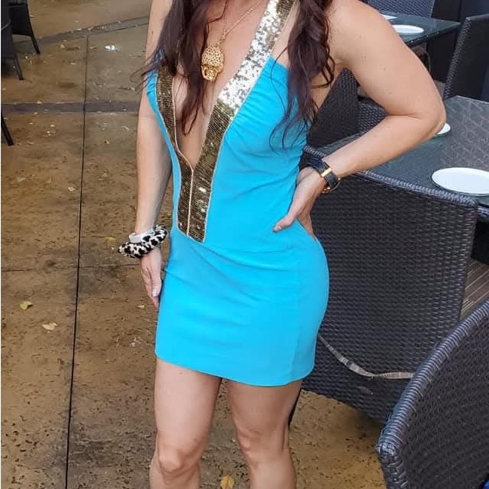 Vibrant Blue Dress with Gold Sequin V-Neck